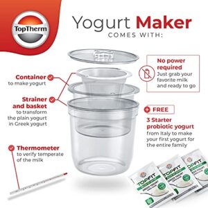 TopTherm Yogurt Maker - All you Need For Probiotic Plain & Greek Yogurt Maker- Fresh Homemade Yogurt- Probiotic Starter Culture, Container, Basket, Strainer, Temperature C- Non-BPA Plastic - Gut Support Starter