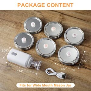 AIEVE Mason Jar Vacuum Sealer, 6 Pack Automatic Vacuum Sealer for Jars Wide Mouth, Including Rechargeable Mason Jar Vacuum Pump, Stainless Steel Vacuum Sealer Lids for Storage Food & Making Ferment (Mason Jar Vacuum Sealer Kit)