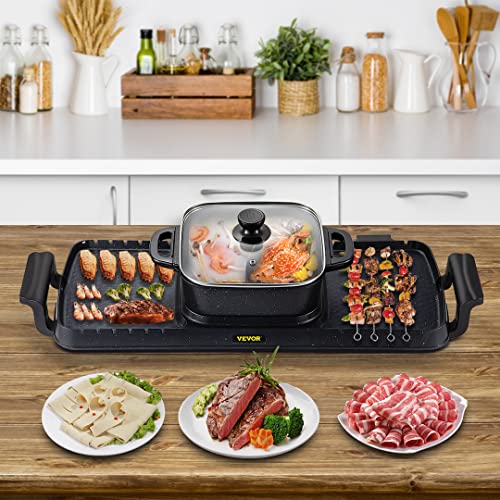 VEVOR 2 in 1 Electric Grill and Hot Pot, 2400W BBQ Pan Grill and Hot Pot, Multifunctional Teppanyaki Grill Pot with Dual Temp Control, Smokeless Hot Pot Grill with Nonstick Coating for 1-8 People