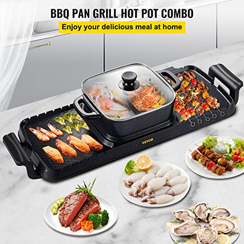 VEVOR 2 in 1 Electric Grill and Hot Pot, 2400W BBQ Pan Grill and Hot Pot, Multifunctional Teppanyaki Grill Pot with Dual Temp Control, Smokeless Hot Pot Grill with Nonstick Coating for 1-8 People