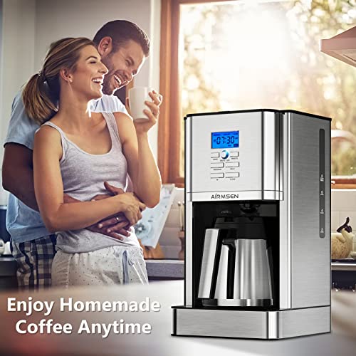 AIRMSEN Drip Coffee Maker 8 Cup, Programmable Coffee Maker 4 Hours Warming Stainless Steel Coffee Machine with Thermal Carafe, Reusable Filter for Home and Office - CM1705WE