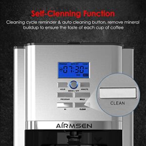 AIRMSEN Drip Coffee Maker 8 Cup, Programmable Coffee Maker 4 Hours Warming Stainless Steel Coffee Machine with Thermal Carafe, Reusable Filter for Home and Office - CM1705WE