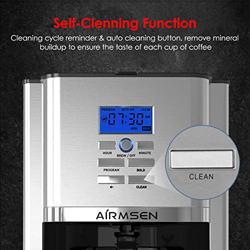 AIRMSEN Drip Coffee Maker 8 Cup, Programmable Coffee Maker 4 Hours Warming Stainless Steel Coffee Machine with Thermal Carafe, Reusable Filter for Home and Office - CM1705WE