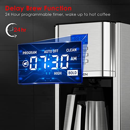 AIRMSEN Drip Coffee Maker 8 Cup, Programmable Coffee Maker 4 Hours Warming Stainless Steel Coffee Machine with Thermal Carafe, Reusable Filter for Home and Office - CM1705WE