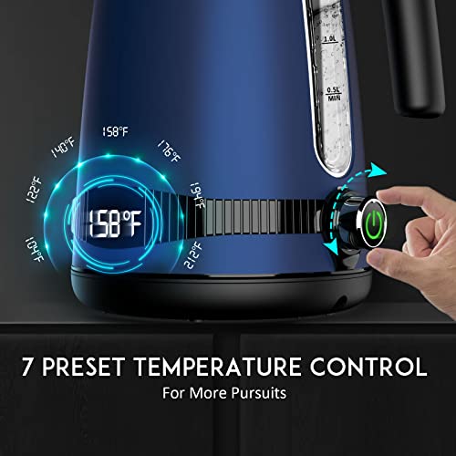 GREECHO Electric Kettle Temperature Control, 1.7L Electric Tea Kettle with LED Display & 7 Heat Settings , 304 Stainless Steel Hot Water Kettle Electric with 1100W Overheat & Boil-dry Protection, Blue