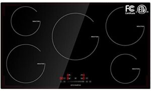 induction cooktop 36 inch, electric cooktop 5 burners, drop-in induction cooker ceramic glass induction burner with timer, child lock, 9 heating level and sensor touch control, etl & fcc certified