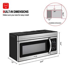 30 Inch Over-the-Range Microwave Oven, GASLAND Chef Over The Stove Microwave Oven with 1.6 Cu. Ft. Capacity, 1000 Watts, 120V, 13" Glass Turntable, 300 CFM in Stainless Steel, 13" Glass Turntable