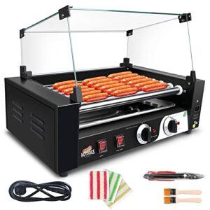 1400w hot dog roller machine, dual temp control commercial electric contact grills with removable stainless steel drip tray and cover, 18 hot dog 7 rollers,sausage grill cooker for party kitchen restaurant