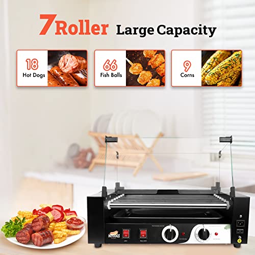 1400W Hot Dog Roller Machine, Dual Temp Control Commercial Electric Contact Grills with Removable Stainless Steel Drip Tray and Cover, 18 Hot Dog 7 Rollers,Sausage Grill Cooker for Party Kitchen Restaurant