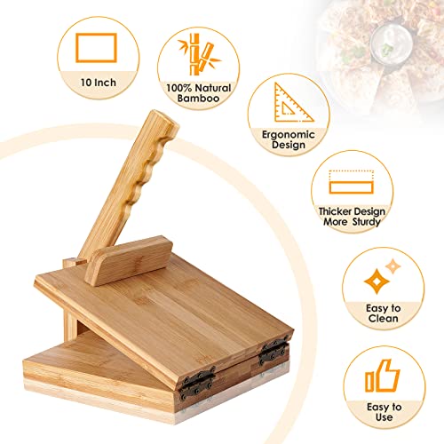 Tortilla Press 10 Inch Roti Maker Large Bamboo Wood Tortilla Press with Rolling Pin &100 Pcs Parchment Paper Quesadilla Maker for Homemade Tortilla, Roti.