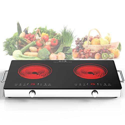 VBGK Electric Cooktop,120V 2400W Electric Stove Top with Knob Control,9 Power Levels, Kids Lock & Timer, Hot Surface Indicator, Overheat Protection,12 Inch Built-in Radiant Double induction cooktop