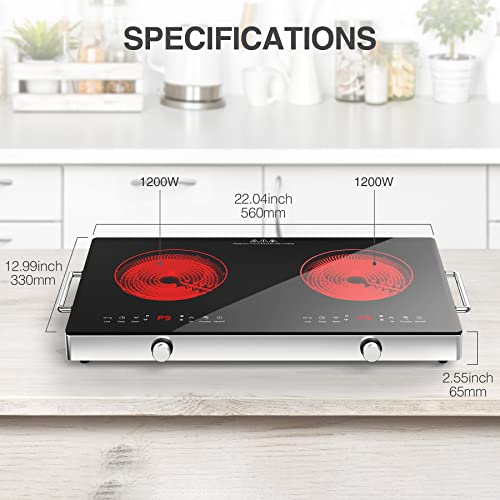 VBGK Electric Cooktop,120V 2400W Electric Stove Top with Knob Control,9 Power Levels, Kids Lock & Timer, Hot Surface Indicator, Overheat Protection,12 Inch Built-in Radiant Double induction cooktop