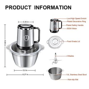 Meat Grinder Food Processor Chopper Electric Small with Safety Handle, TOMBOT 8-Cup Mini Blender for Meat Vegetables Fruits Nuts Puree with 4 Sharp Blades, 1.8L Stainless Steel Bowl,2 Speeds,300W,120V