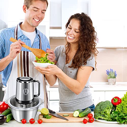 Meat Grinder Food Processor Chopper Electric Small with Safety Handle, TOMBOT 8-Cup Mini Blender for Meat Vegetables Fruits Nuts Puree with 4 Sharp Blades, 1.8L Stainless Steel Bowl,2 Speeds,300W,120V