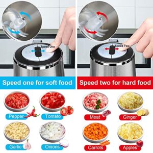 Meat Grinder Food Processor Chopper Electric Small with Safety Handle, TOMBOT 8-Cup Mini Blender for Meat Vegetables Fruits Nuts Puree with 4 Sharp Blades, 1.8L Stainless Steel Bowl,2 Speeds,300W,120V