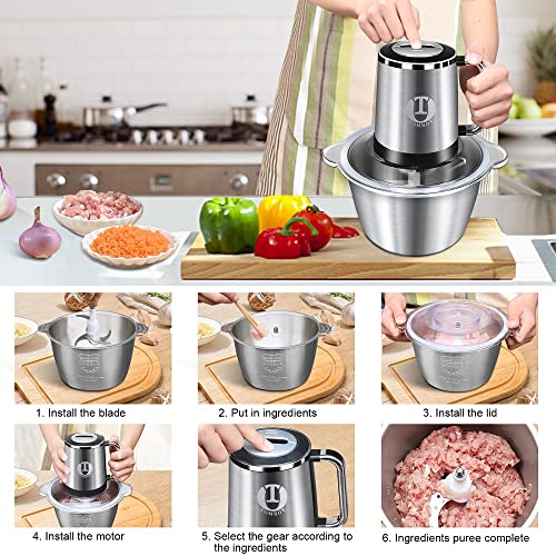 Meat Grinder Food Processor Chopper Electric Small with Safety Handle, TOMBOT 8-Cup Mini Blender for Meat Vegetables Fruits Nuts Puree with 4 Sharp Blades, 1.8L Stainless Steel Bowl,2 Speeds,300W,120V