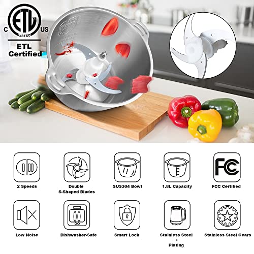 Meat Grinder Food Processor Chopper Electric Small with Safety Handle, TOMBOT 8-Cup Mini Blender for Meat Vegetables Fruits Nuts Puree with 4 Sharp Blades, 1.8L Stainless Steel Bowl,2 Speeds,300W,120V