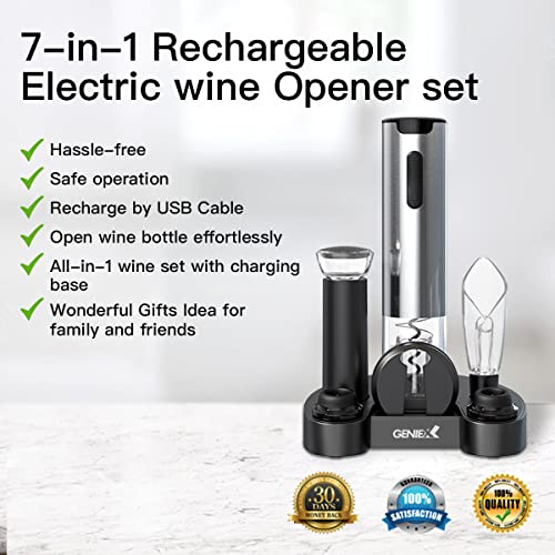 GenieX Electric Wine Opener with charging base, Automatic Wine Opener Electric Corkscrew. 7-in-1 wine accessories, USB-C charging, Cool Kitchen Gadgets, Deluxe gifts for wine lovers, housewarming gift