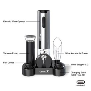 GenieX Electric Wine Opener with charging base, Automatic Wine Opener Electric Corkscrew. 7-in-1 wine accessories, USB-C charging, Cool Kitchen Gadgets, Deluxe gifts for wine lovers, housewarming gift