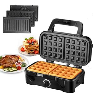 ch66 waffle maker 3 in 1 sandwich maker, 1200w waffle iron with removable plates, led indicator lights and 5 temperature control, cool touch handle easy to clean, silver 11.2*9.01*4.64 inch