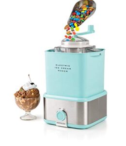 nostalgia electric ice cream maker & candy crusher, 2 quarts, soft serve machine for ice cream, frozen yogurt & sorbet in minutes, works with candy bars, chocolate chips, nuts & more, aqua