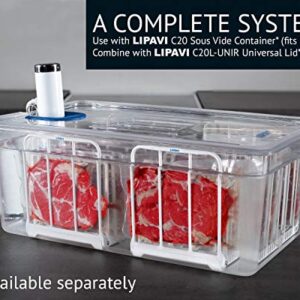 LIPAVI N20X Sous Vide Rack with Anti Float - Adjustable, Collapsible, Ensures even warmin - Polycarbonate with 316L Stainless steel weights - Square L:7.8 W:6.4 H:6.6 inch - Fits LIPAVI C20 Container