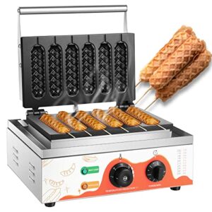 moongiantgo commercial corn dog waffle maker machine 6 pcs 1550w waffles on a stick maker stainless steel, 50-300℃ temp control, 5-min timer waffle dog maker 110v(white)
