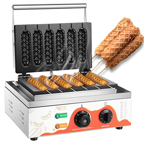 Moongiantgo Commercial Corn Dog Waffle Maker Machine 6 PCS 1550W Waffles on a Stick Maker Stainless Steel, 50-300℃ Temp Control, 5-min Timer Waffle Dog Maker 110V(White)