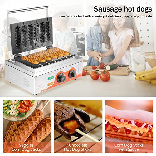 Moongiantgo Commercial Corn Dog Waffle Maker Machine 6 PCS 1550W Waffles on a Stick Maker Stainless Steel, 50-300℃ Temp Control, 5-min Timer Waffle Dog Maker 110V(White)