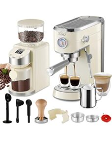 gevi 20 bar compact professional espresso coffee machine with milk frother for espresso, latte and cappuccino burr coffee grinder with 35 precise grind settings, beige