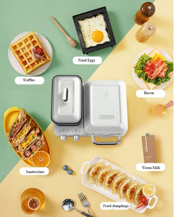 Joydeem 4-in-1 Breakfast Station, Multifunctional Breakfast Maker, Sandwich Maker with Egg Boiler, Panini Press Grill , Waffle Maker & Steamer, 2 Individual Portions, Nonstick,1000W, White