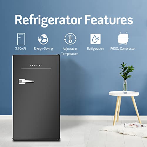 Frestec 3.1 Cu.Ft Mini Fridge for Bedroom, Retro Mini Refrigerator with freezer, Dorm Fridge with Freezer, Compact Small Fridge Perfect for Room and Office, Adjustable Temperature(with Handle, Black)