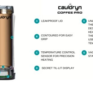 Cauldryn Coffee Temperature Control Travel Coffee Mug and Desktop Warmer, Smartphone via Bluetooth Control, Long Lasting Battery Powered Heated Portable Smart Mug, Stainless Steel, 16 oz, Black