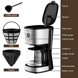 ARLIME 12-Cup Programmable Coffee Maker, 900W Drip Coffee Maker Pot W/LED Display, Brew Strength Control, Anti-Drip System, Warming Plate & Glass Carafe, Keep Warm 2-Hour Brew Coffee Machine, Black