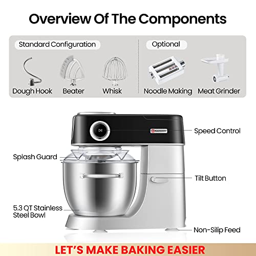 HAUSWRIT Electric Stand Mixer 5.3 QT 11 Speed Tilt-Head Dough Mixer,Top Mounted Digital Touch Screen,Kitchen Food Mixer with Egg Whisk,Dough Hook,Flat Beater