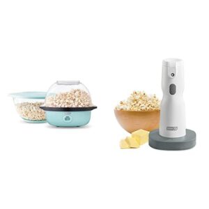 dash smartstore™ deluxe stirring popcorn maker with large lid for serving bowl and storage, 24 cups – aqua + dash electric butter sprayer, cordless butter sprayer for popcorn, toast and more – white