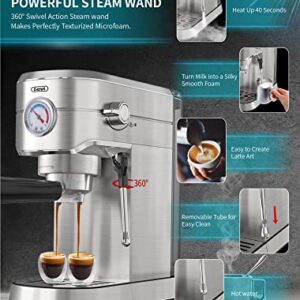 Gevi 20 Bar Compact Professional Espresso Coffee Machine with Milk Frother/Steam Wand for Espresso, Latte and Cappuccino, Stainless Steel, 35 Oz Removable Water Tank (Machine)