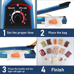 Ganggend 16 Inch Impulse Heat Sealer Manual Poly Bag Sealing Machine Adjustable Timer Heating Closer with Extra Replace Element for Plastic PE PP Mylar Poly Foil Bags