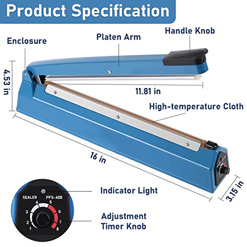 Ganggend 16 Inch Impulse Heat Sealer Manual Poly Bag Sealing Machine Adjustable Timer Heating Closer with Extra Replace Element for Plastic PE PP Mylar Poly Foil Bags