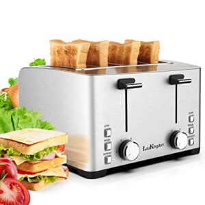 toaster 4 slice, laukingdom 1.57″ extra wide slots toaster, smart pop-up stainless steel toasters with 6 shade settings, evenly & quickly bread toaster, bagel defrost cancel function, 1500w, silver