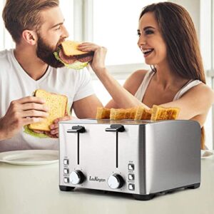 Toaster 4 Slice, LauKingdom 1.57" Extra Wide Slots Toaster, Smart Pop-Up Stainless Steel Toasters with 6 Shade Settings, Evenly & Quickly Bread Toaster, Bagel Defrost Cancel Function, 1500W, Silver