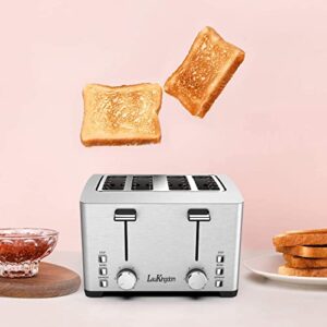 Toaster 4 Slice, LauKingdom 1.57" Extra Wide Slots Toaster, Smart Pop-Up Stainless Steel Toasters with 6 Shade Settings, Evenly & Quickly Bread Toaster, Bagel Defrost Cancel Function, 1500W, Silver