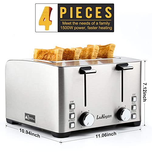 Toaster 4 Slice, LauKingdom 1.57" Extra Wide Slots Toaster, Smart Pop-Up Stainless Steel Toasters with 6 Shade Settings, Evenly & Quickly Bread Toaster, Bagel Defrost Cancel Function, 1500W, Silver