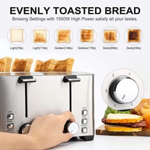 Toaster 4 Slice, LauKingdom 1.57" Extra Wide Slots Toaster, Smart Pop-Up Stainless Steel Toasters with 6 Shade Settings, Evenly & Quickly Bread Toaster, Bagel Defrost Cancel Function, 1500W, Silver