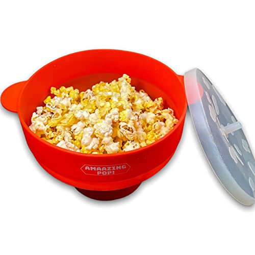 Amaazing Pop Silicone Popcorn Popper Bowl- Microwaveable Design- Non-Toxic BPA Free- Heat Resistant Material- Built in Handles- Environmentally Friendly- Dishwasher Safe- Easy Storage (Red) 8x8x2.25