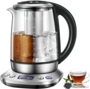 electric tea kettle, 6 variable presets temperature smart tea maker, fast boil electric glass kettle with 2hr keep warm function, premium stainless steel, 1200 watt quick heating, 1.7l