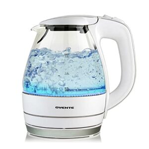 ovente portable electric glass kettle 1.5 liter with blue led light and stainless steel base, fast heating countertop tea maker hot water boiler with auto shut-off & boil dry protection (white)