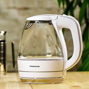 Ovente Portable Electric Glass Kettle 1.5 Liter with Blue LED Light and Stainless Steel Base, Fast Heating Countertop Tea Maker Hot Water Boiler with Auto Shut-Off & Boil Dry Protection (White)