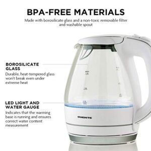 Ovente Portable Electric Glass Kettle 1.5 Liter with Blue LED Light and Stainless Steel Base, Fast Heating Countertop Tea Maker Hot Water Boiler with Auto Shut-Off & Boil Dry Protection (White)