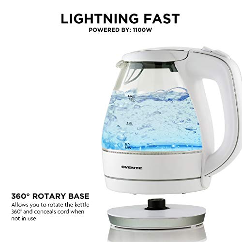 Ovente Portable Electric Glass Kettle 1.5 Liter with Blue LED Light and Stainless Steel Base, Fast Heating Countertop Tea Maker Hot Water Boiler with Auto Shut-Off & Boil Dry Protection (White)